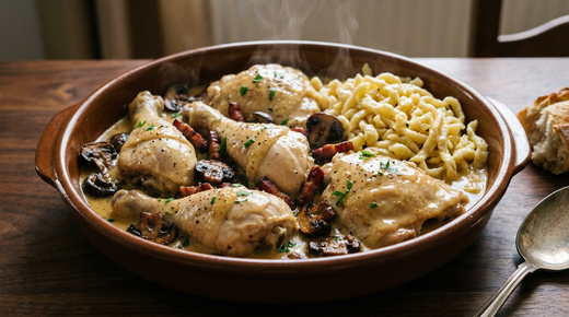 Coq au riesling en cocotte, morceaux ivoire nappés de sauce dorée, champignons et lardons rissolés, spätzle