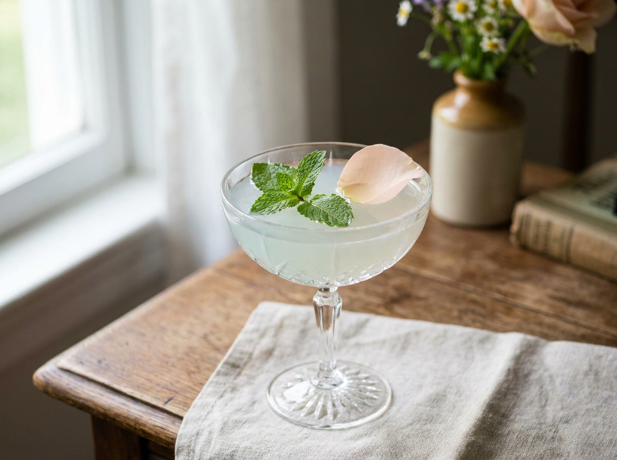 Cocktail Juliet and Romeo pâle dans une coupe, feuilles de menthe et pétale de rose