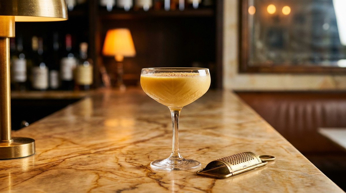 Golden Dream, cocktail crémeux jaune d'or dans une coupe à pied, râpure de muscade sur le dessus, comptoir de marbre fauve, bar chic flou et lampe de laiton