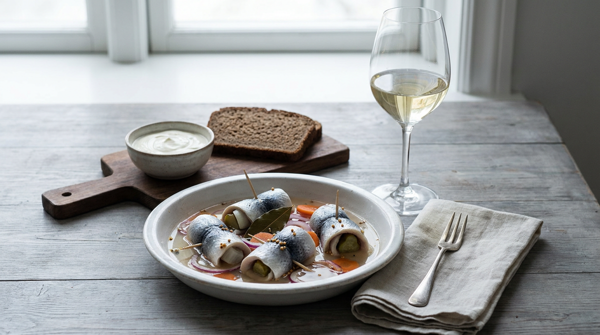 Rollmops de hareng roulés autour d'un cornichon dans un plat blanc avec oignon rouge et laurier, bol de crème, pain de seigle, verre de vin blanc, table de bois grisé