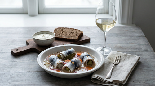 Harengs marinés, les rollmops : filets dessalés une nuit, marinade au vinaigre bouillie puis refroidie, roulés autour d'un cornichon, et trois jours d'attente