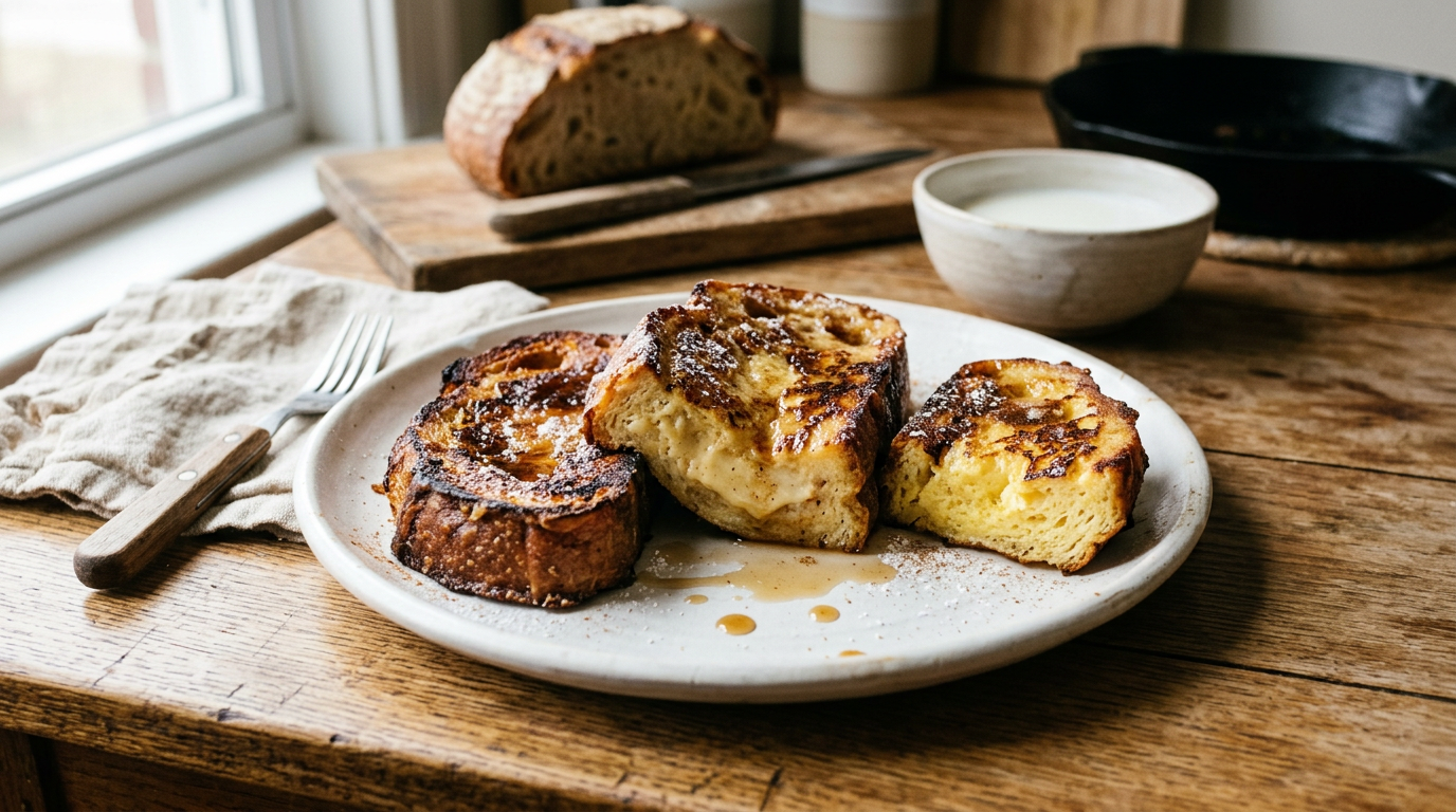 Tranches de pain perdu dorées au beurre sur une assiette blanche, l'une coupée montrant le cœur moelleux