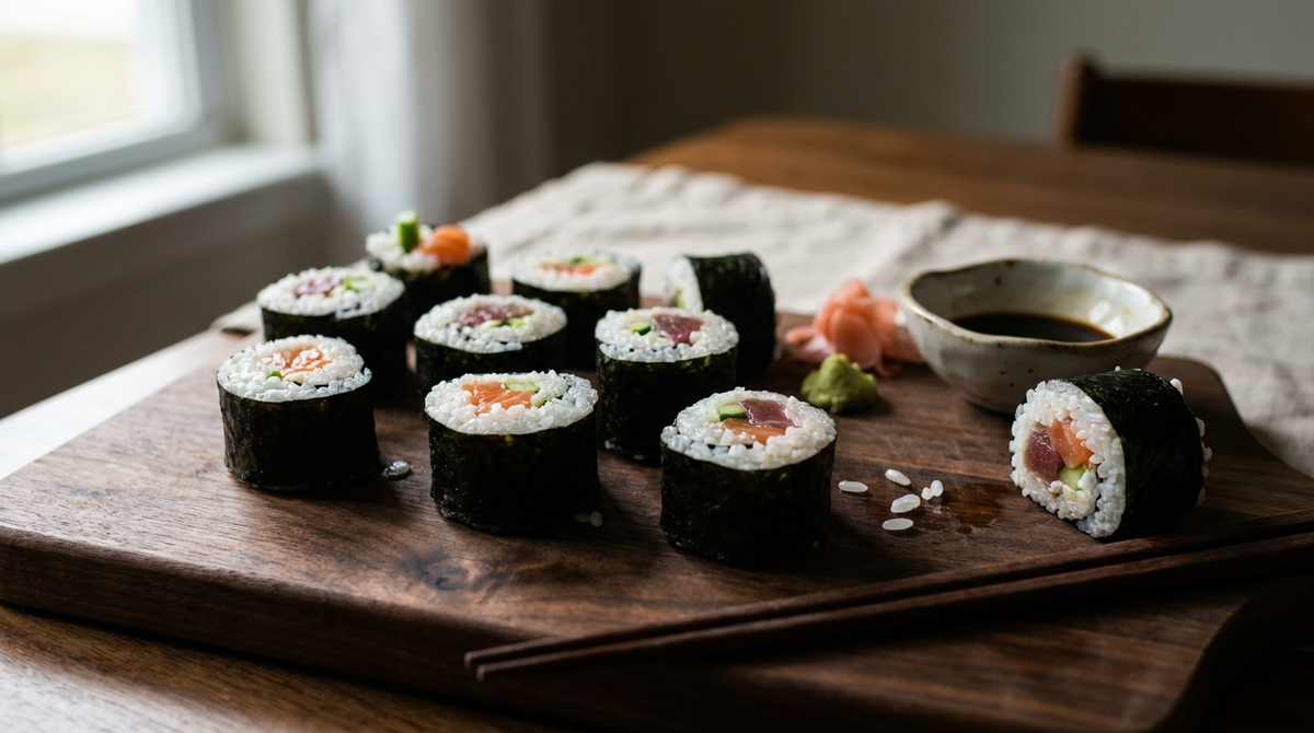 Makis maison tranchés sur une planche, nori sombre, grains de riz distincts, saumon et thon