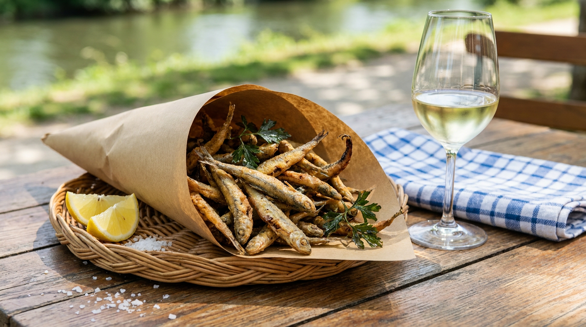 Friture de petits poissons dorés dans un panier de papier, corps fins et croustillants enrobés de farine, queues relevées, quartiers de citron, persil frit, fleur de sel, verre de vin blanc pâle, table de bistrot en bois