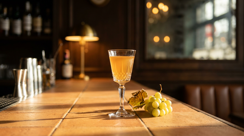 Petit verre à pied en cristal taillé rempli d'un ratafia doré ambré, grappe de raisin blanc et feuille de vigne à côté, sur un comptoir en tomettes ocre