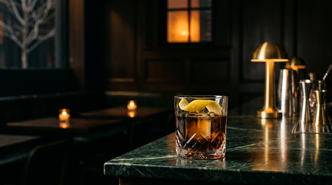 Verre bas d'un cocktail très sombre au thé fumé et au whisky sur un gros glaçon, large zeste de citron, sur un marbre vert foncé, bar dans la pénombre