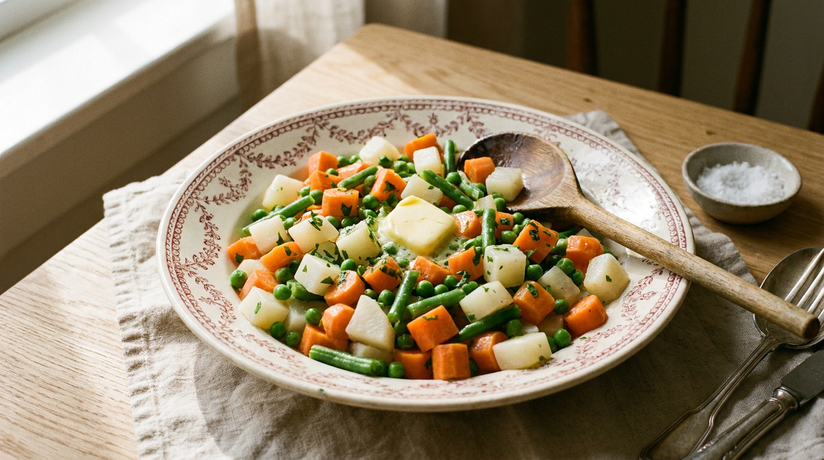 Jardinière de légumes dans un plat creux en faïence, carottes et navets taillés en dés brillants de beurre, petits pois vert vif et tronçons de haricots verts, persil ciselé, cuillère en bois, table de bois clair, lumière douce