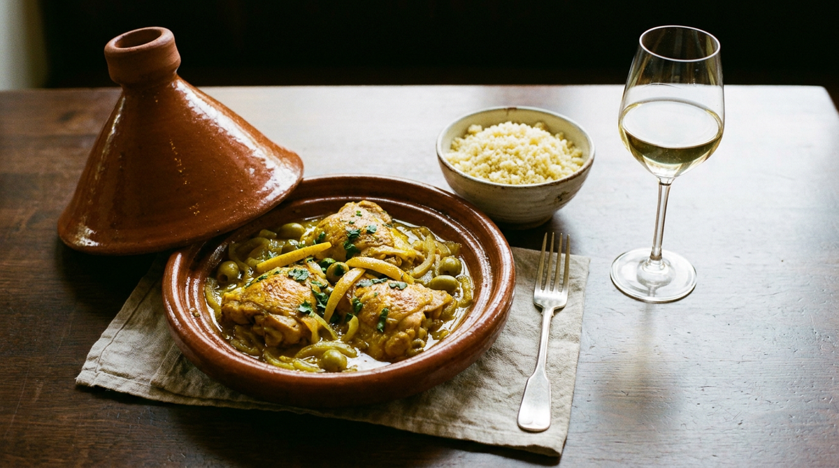 Tajine de poulet au citron confit et aux olives vertes, cuisses dorées dans une sauce jaune au safran et à l'oignon, coriandre, bol de semoule, plat en terre, verre de vin blanc
