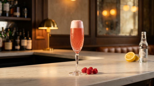 Ruby Fizz rose framboise sous une mousse blanche dense dans un verre haut, quelques framboises fraîches, comptoir de marbre Bianco Lasa