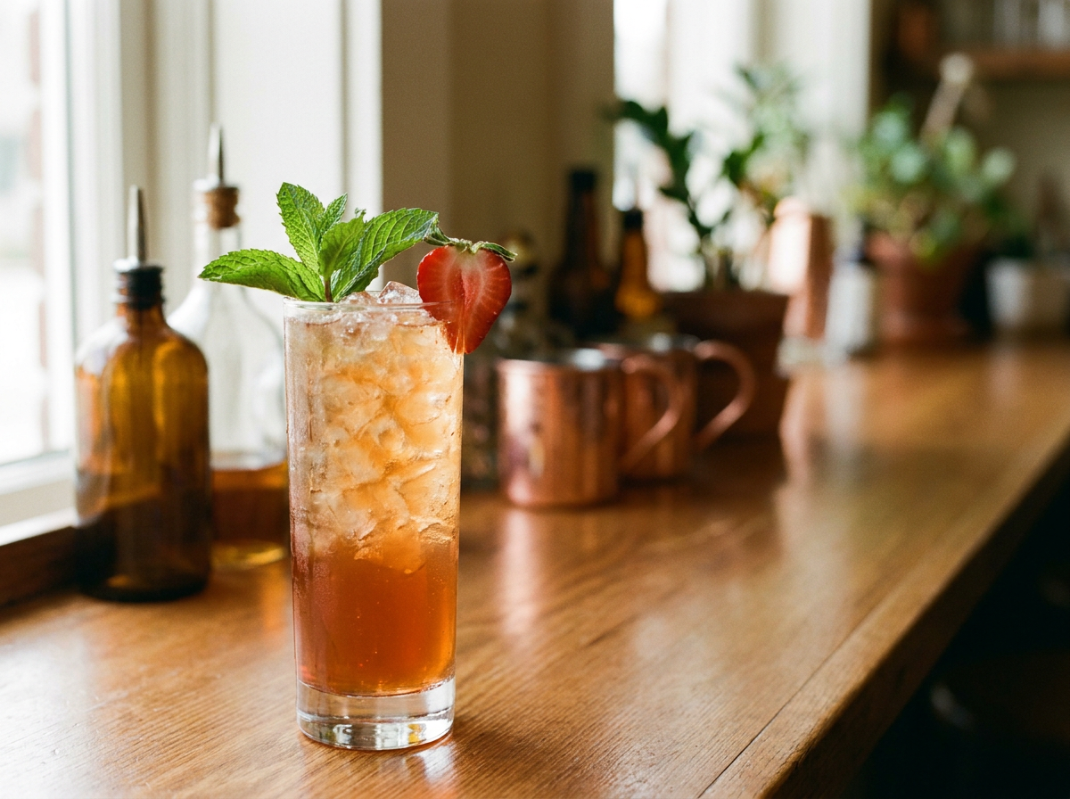 Cocktail Scofflaw dans un verre à cocktail, robe orangée rougeâtre et zeste de citron, lumière naturelle