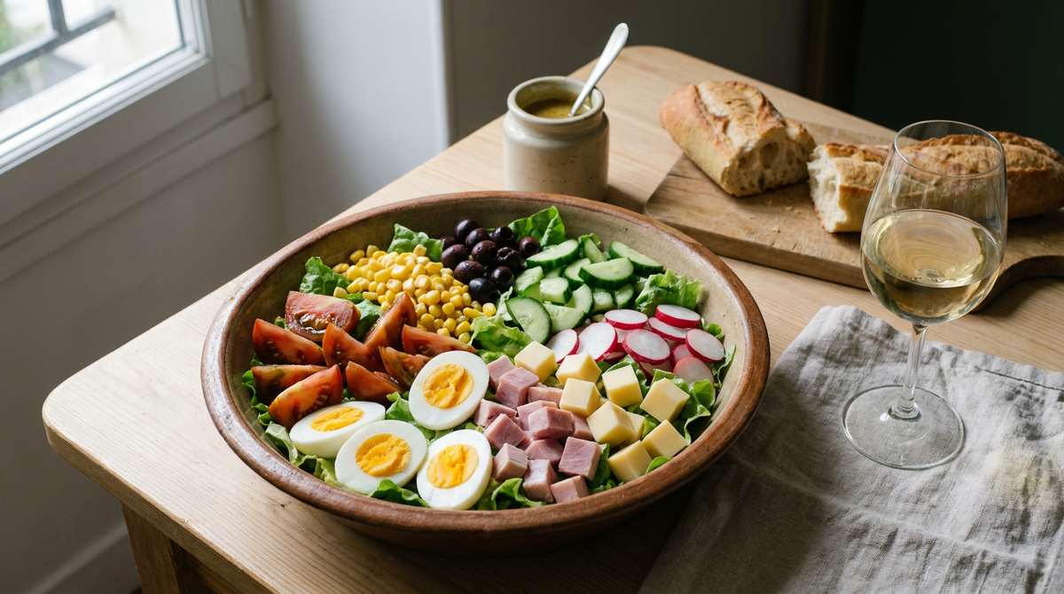 Grand saladier en faïence de salade composée, laitue, tomates en quartiers, œufs durs, dés de jambon et de comté, maïs, concombre, radis, pot de vinaigrette, pain de campagne, table d'été en bois