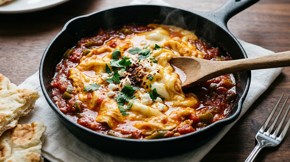 Menemen turc dans une poêle en fonte, base de tomate et poivron réduite en confiture et grands plis d'œuf à peine pris, persil et piment