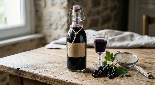 Bouteille à bouchon mécanique remplie d'un liquide violet presque noir, grappe de cassis frais avec ses feuilles, petit verre à liqueur et passoire fine sur une table en bois