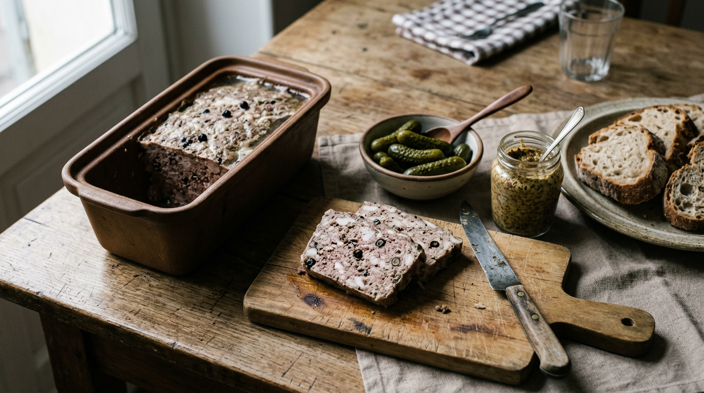 Terrine de campagne dans sa terrine en grès brun, deux tranches épaisses sur une planche montrant le grain de la farce et les baies de genièvre, cornichons, moutarde à l'ancienne et pain de campagne