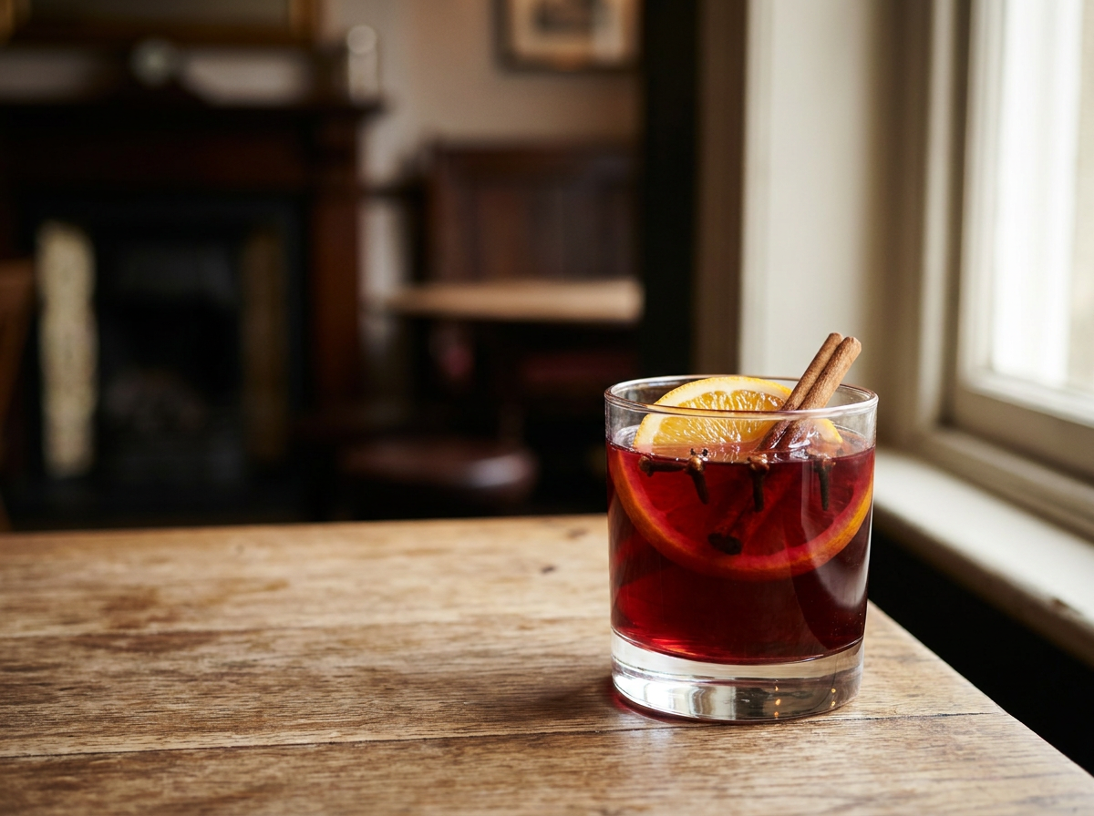 Cocktail Bishop dans un verre : punch au vin rouge épicé sur glace, tranche d'orange et bâton de cannelle
