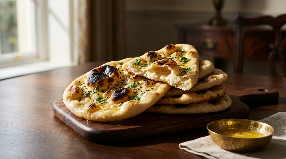 Pile de naans dorés aux grosses cloques noircies, badigeonnés de beurre fondu et parsemés de coriandre, un pain rompu à la main