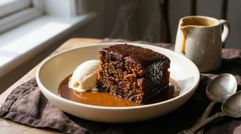 Sticky toffee pudding brun sombre nappé de sauce caramel brillante, boule de glace vanille et pot de sauce chaude