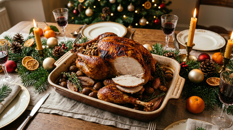 Dinde de Noël rôtie et farcie aux marrons dans son plat, une cuisse détachée et des tranches de blanc juteuses, sur une table de fête avec bougies, sapin décoré et boules dorées