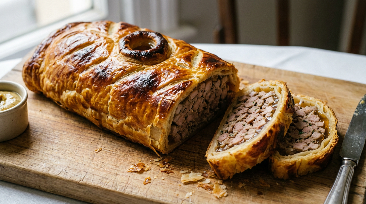 Pâté lorrain doré en feuilletage avec sa cheminée centrale, deux tranches montrant la viande en dés