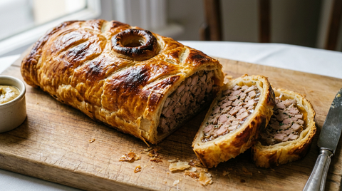 Pâté lorrain doré en feuilletage avec sa cheminée centrale, deux tranches montrant la viande en dés