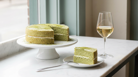 Gâteau au matcha vert sur présentoir, part coupée montrant la crème, verre de vin doux