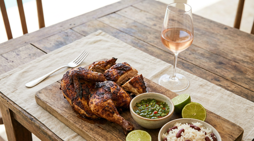 Poulet boucané antillais ouvert à plat sur une planche, peau bronzée et fumée, bol de sauce chien, citrons verts, riz aux haricots rouges, verre de vin rosé, table de bois