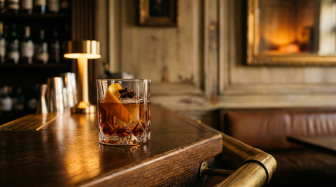Cocktail au pain d'épices ambré foncé sur un gros glaçon, zeste d'orange et badiane, comptoir de bar en chêne
