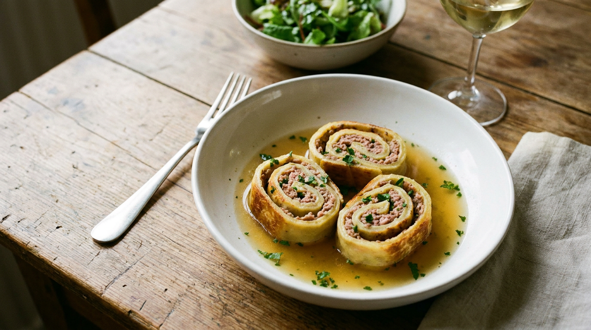Trois tranches de fleischnacka, escargots de pâte roulée farcis de bœuf haché au persil, dorés à la poêle, dans un bouillon clair, assiette creuse blanche, fourchette à plat, salade verte, verre de vin blanc, table en bois