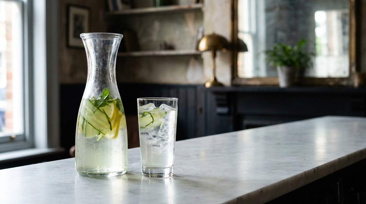 Grande carafe d'eau aromatisée claire avec rondelles de concombre, citron et branches de menthe, verre servi à côté, comptoir de marbre blanc, lumière de fenêtre