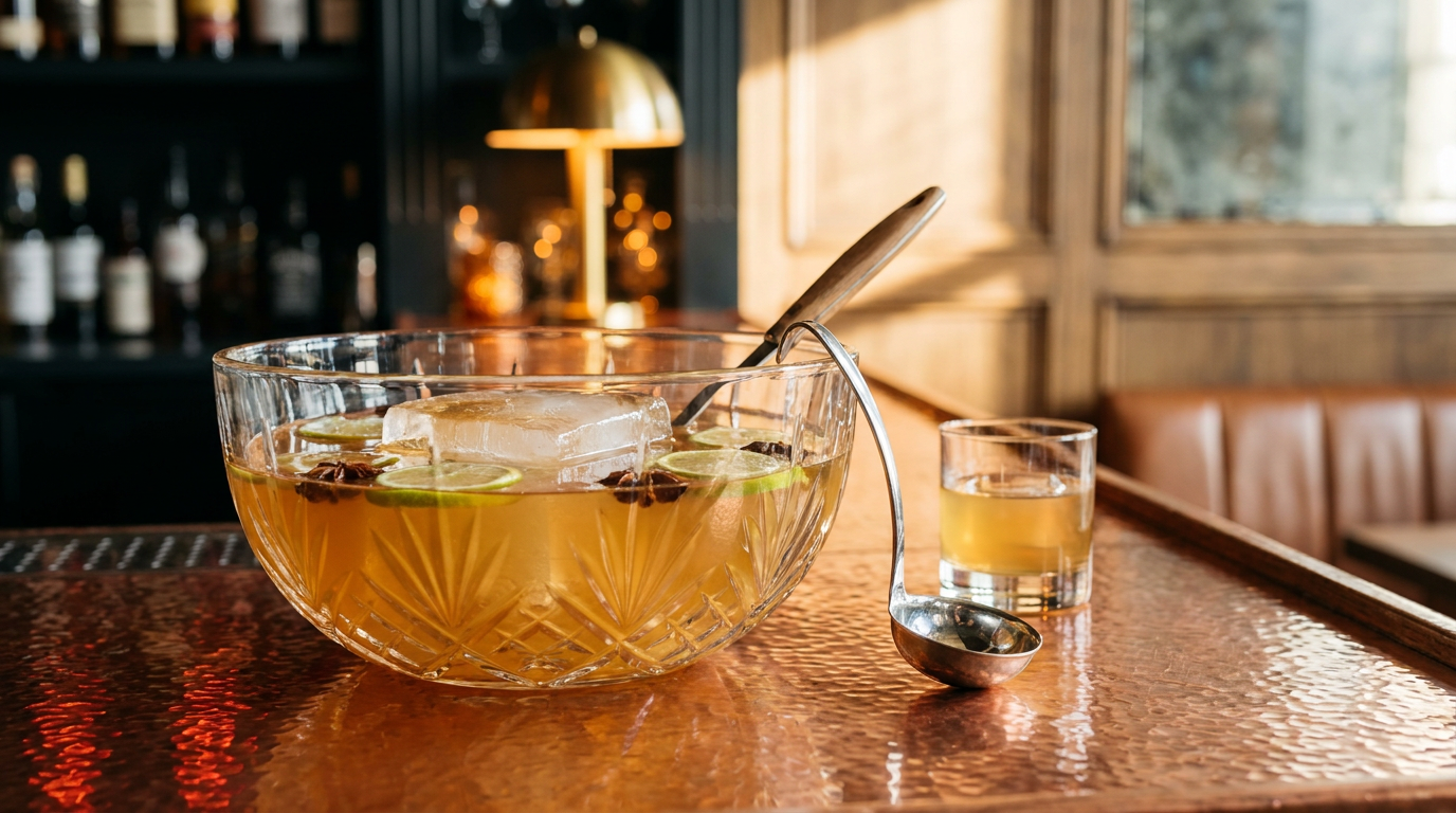 Bol à punch en cristal rempli de punch au rhum ambré pour 10 personnes, rondelles de citron vert et bloc de glace, louche en argent