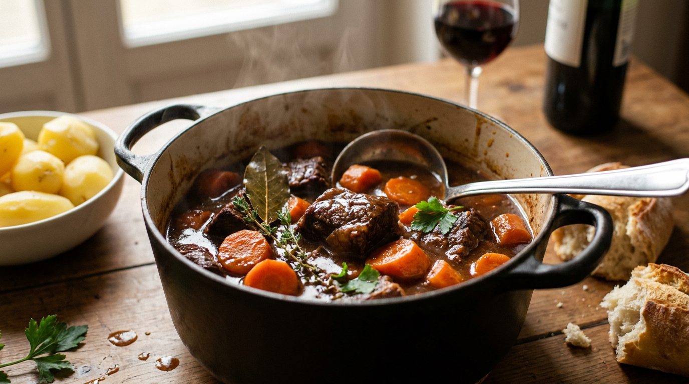 Bœuf aux carottes dans une cocotte en fonte, gros morceaux de viande fondants, rondelles de carotte orange et sauce brillante