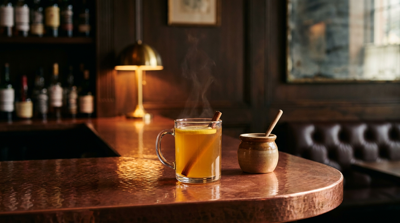 Mug en verre d'un grog chaud doré et fumant avec rondelle de citron et bâton de cannelle, petit pot de miel à côté, sur un comptoir de cuivre martelé
