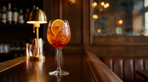 Apéritif sans alcool orange vif dans un grand verre, demi-tranche d'orange, table de chêne brut ciré