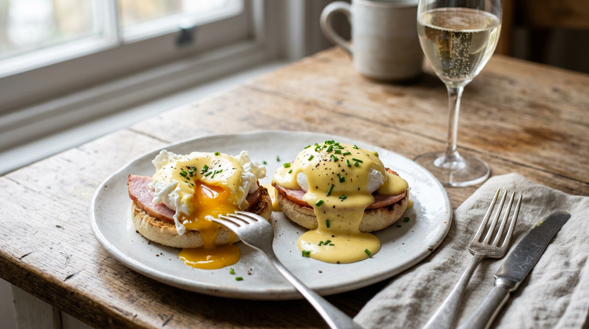 Deux œufs Bénédicte sur muffins anglais avec jambon et sauce hollandaise, l'un ouvert laissant couler le jaune