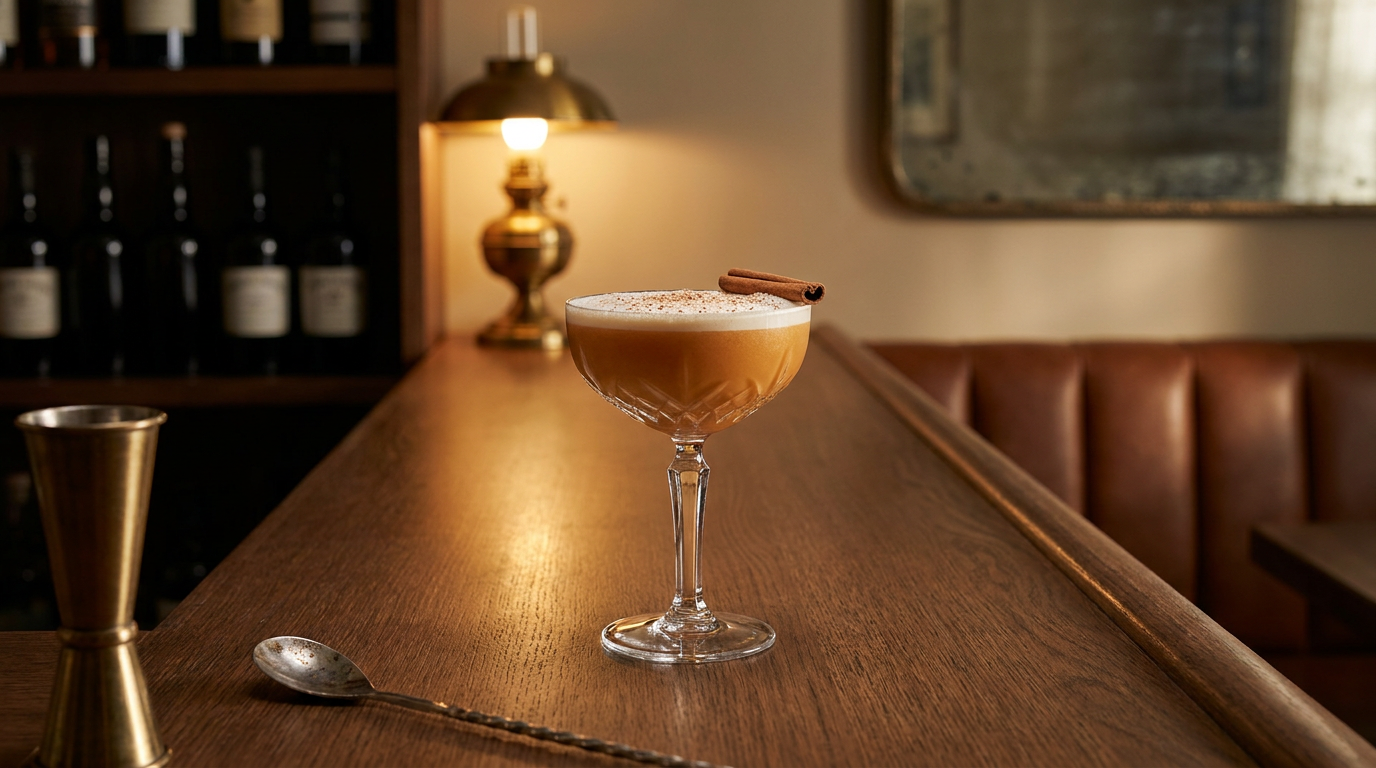 Coupe à cocktail d'un martini au potiron épicé orangé et crémeux sous une mousse muscadée, bâton de cannelle posé dessus, sur un comptoir de chêne fumé