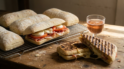 Pains à panini rectangulaires et plats, pâles et farinés, sur une grille, l'un ouvert et garni de jambon, mozzarella et tomate, un panini pressé aux marques de gril coupé en biais devant, comptoir de bar italien, lumière chaude