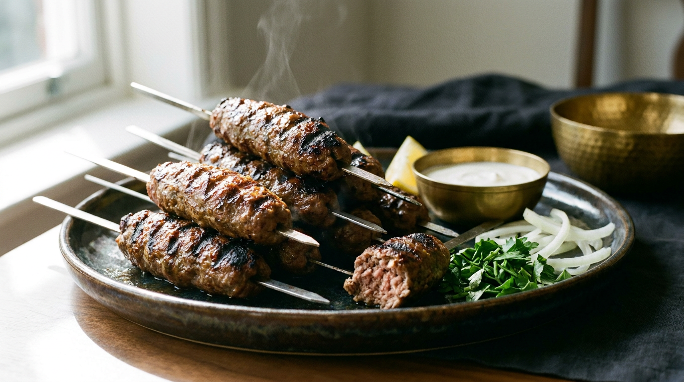 Keftas d'agneau grillées modelées autour de brochettes plates, marques de doigts et arêtes noircies, yaourt, persil et oignon