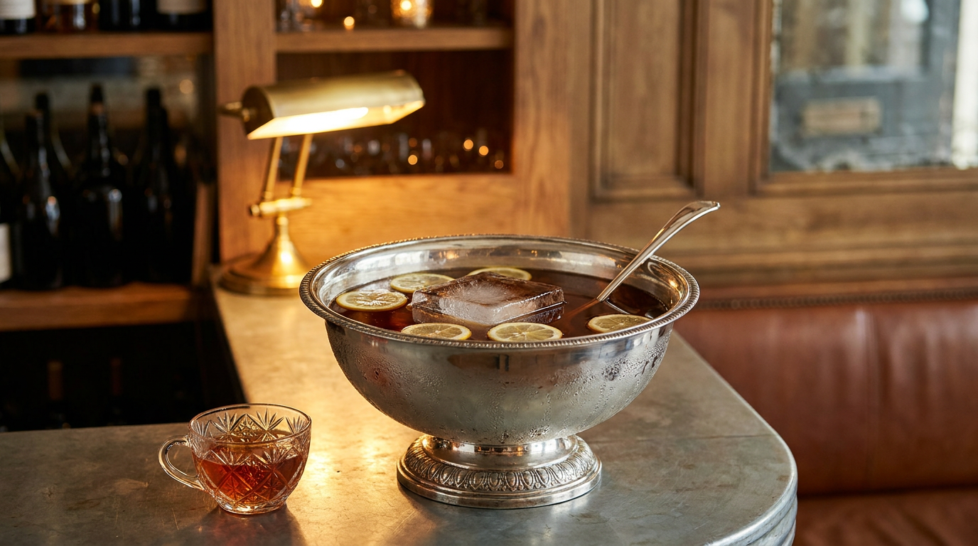 Grand bol à punch en argent rempli de Chatham Artillery Punch ambré, bloc de glace et rondelles de citron, sur un comptoir de zinc