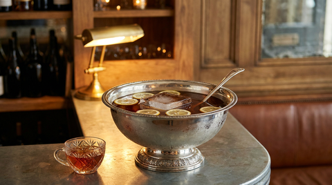 Grand bol à punch en argent rempli de Chatham Artillery Punch ambré, bloc de glace et rondelles de citron, sur un comptoir de zinc