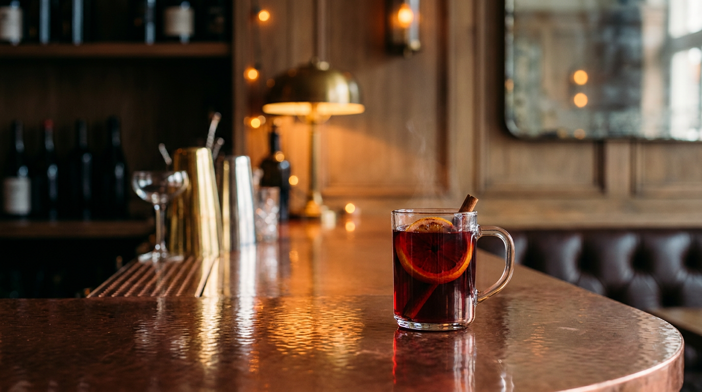 Mug en verre de vin chaud rouge fumant avec une demi-orange rôtie caramélisée et un bâton de cannelle, sur un comptoir de cuivre martelé dans un bar chic