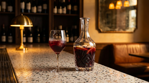 Sangria d'automne en carafe de cristal, tranches de pomme et raisin, verre à pied servi, sur un comptoir de bar en terrazzo