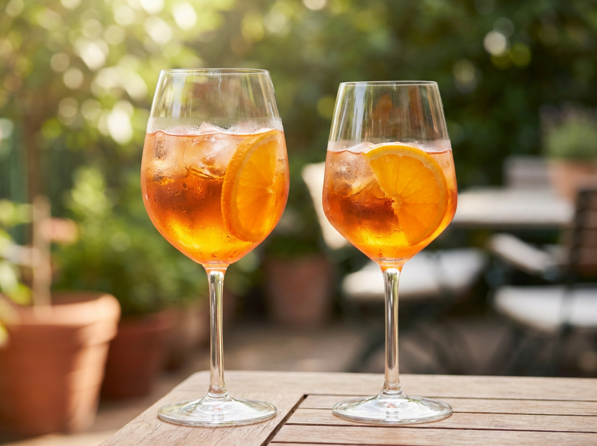 Aperol Spritz dans un grand verre à vin : cocktail orange vif sur glace, tranche d'orange