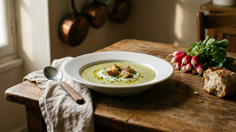 Soupe de fanes de radis vert tendre avec crème et croûtons, botte de radis et pain sur une table de bois