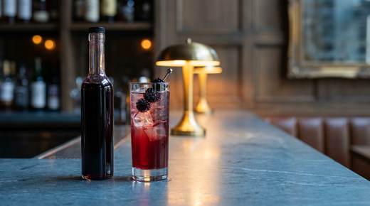 Shrub de mûre en bouteille sombre et allongé en verre rubis pétillant, mûres fraîches, comptoir de schiste bleu