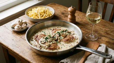 Escalopes de veau poêlées dans une sauteuse, viande dorée nappée d'une sauce crémeuse aux champignons de Paris émincés, échalote et persil, tagliatelles à côté, verre de blanc pâle, table de bistrot en bois, lumière chaude