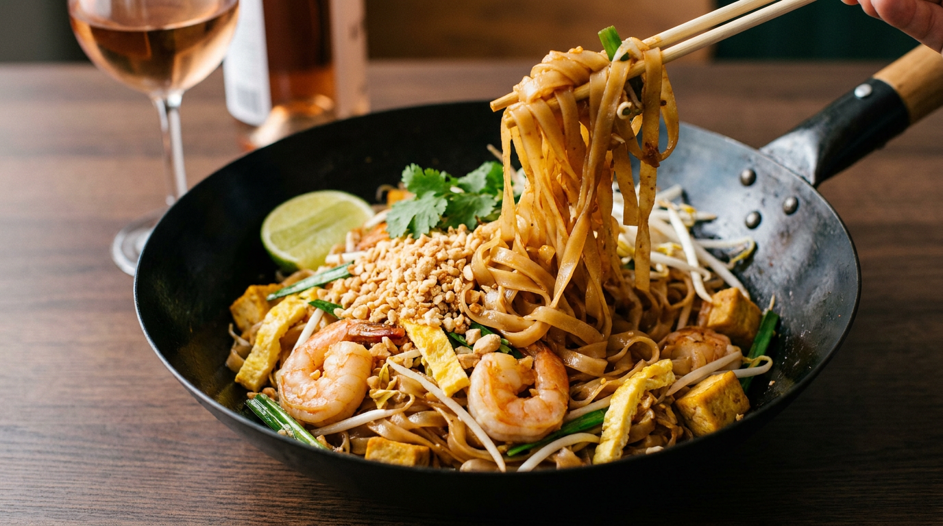 Pad thaï dans un wok, nouilles de riz plates et détachées soulevées aux baguettes, crevettes, cacahuètes concassées et citron vert