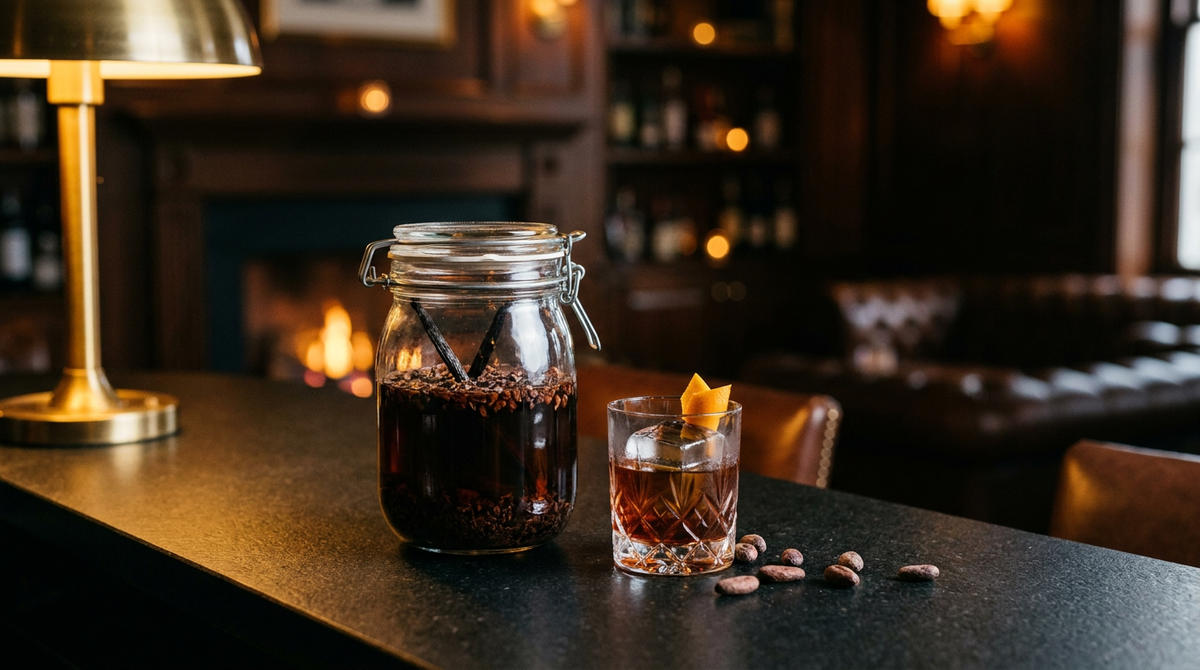 Bocal de rhum arrangé au cacao, éclats de fèves de cacao et gousse de vanille dans le rhum brun sombre, sur un comptoir de pierre volcanique noire, petit verre servi, lueur de feu floue au fond