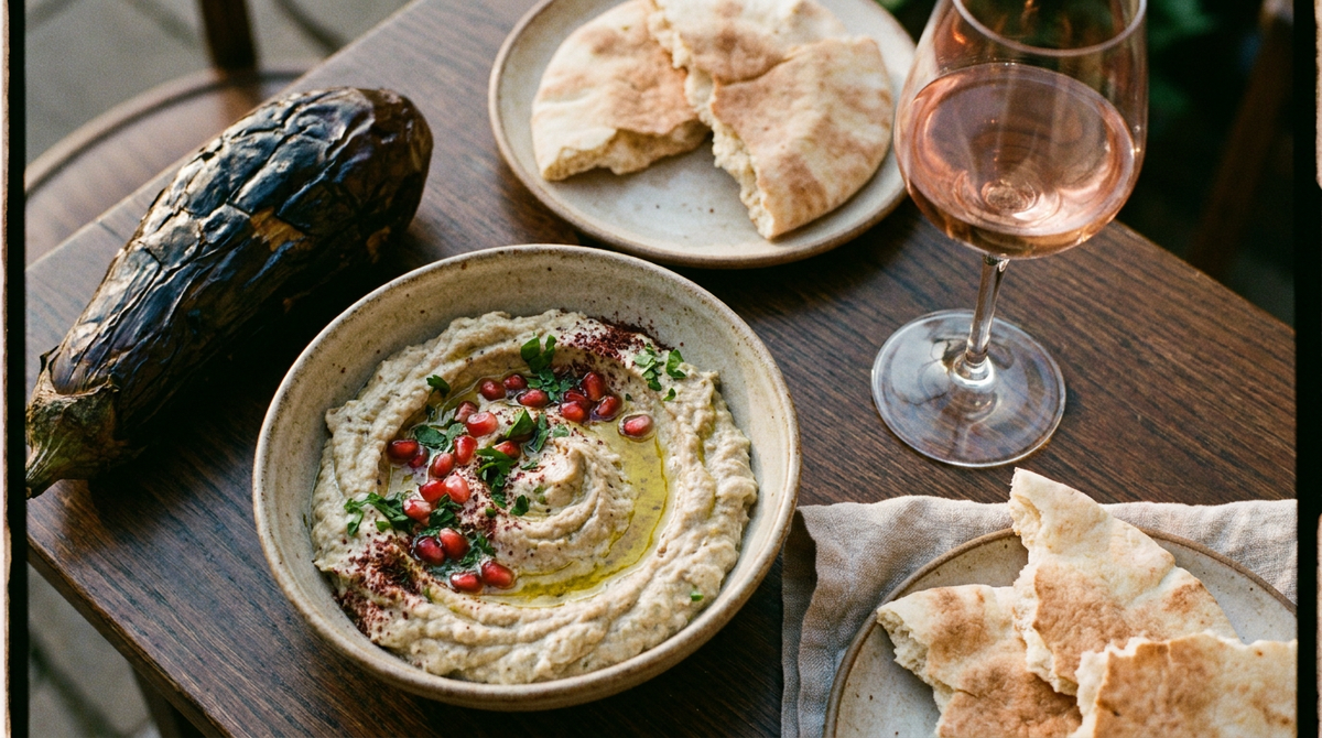 Bol de baba ganoush crémeux nappé d'huile d'olive, grenade et persil, pain pita grillé à côté, verre de vin blanc, table de bistrot