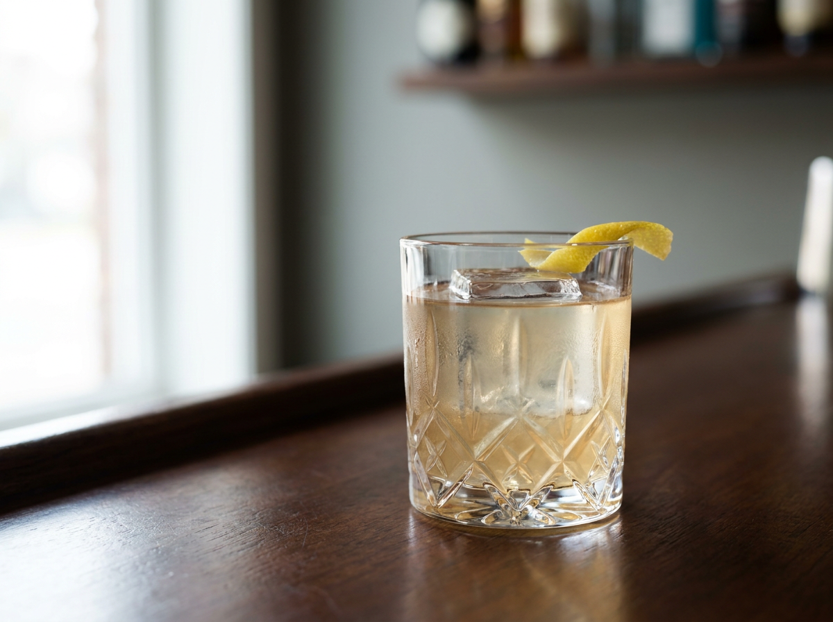 Milk punch clarifié, punch au rhum limpide et ambré servi sur un grand glaçon