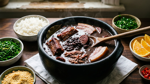 Feijoada brésilienne en pot de terre noir, haricots noirs dans un jus épais et brillant, travers fumé, saucisse et poitrine, riz et chou